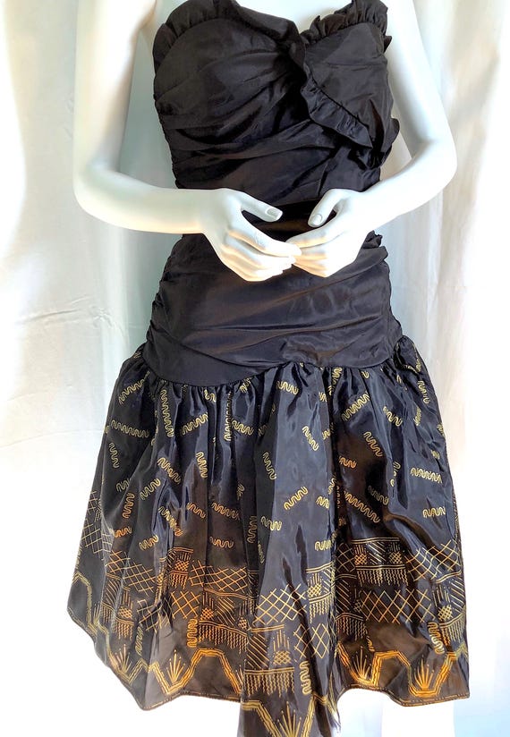Zandra Rhodes, 80s ZANDRA RHODES Off Shoulder Corset Dress, DEADSTOCK Archival Couture, Hand Painted Gold Taffeta, Saks Bubble Pouf Dress, 1980s Maximalism