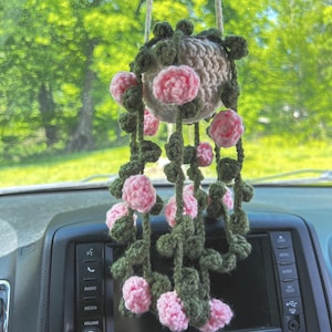 Car Decor Hanging rear view mirror crochet Rose Plant cute crochet plant crochet flowers for car mirror hanging mirror accessories crochet