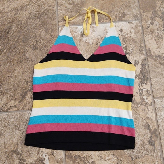 Blue Pink Yellow Striped Halter Top 