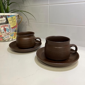 Vintage Denby Langley Mayflower Teacups & Saucers – Set of 2 – English Stoneware