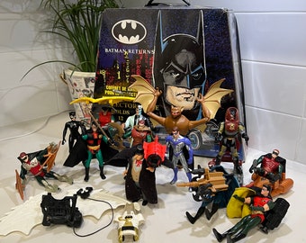 Vintage 1990s Bundle of Batman & Robin Action Figures + Accessories + Carrying Case DC Comics