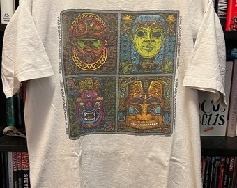 Vintage 1990 Tribal Indigenous Masks Tourist Travel T-Shirt - Size XL