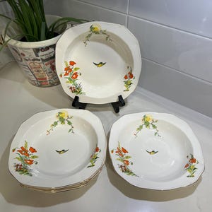 Vintage 1930s Alfred Meakin Suppenschüsseln - Set mit 6 Suppenschüsseln - Made in England - &quot;&quot;Derek&quot;&quot; Vogel- & Blumenmuster.&quot;