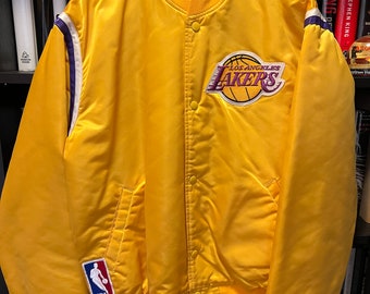 Vintage 90s Starter LA Los Angeles Lakers NBA Basketball Yellow Satin Bomber Jacket - Size Large