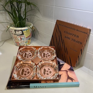 Vintage 1960s Mid-Century Set of 4 Glass Ashtray Coasters Catchall Bundle - With Original Box!