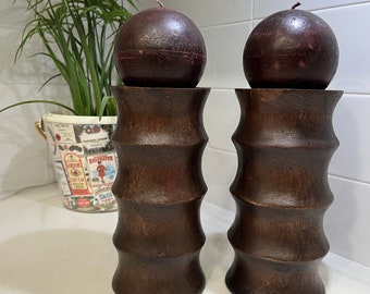 Vintage Mid-Century Funky Wood Candle Holders w/ Scented Round Candles