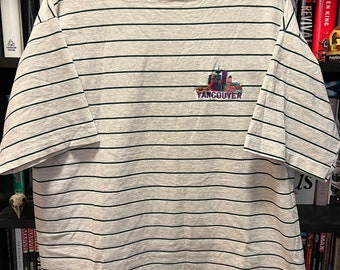 Vintage 1990s Vancouver BC Canada Striped Embroidered Single-Stitch Souvenir Tourist T-Shirt - Size Large