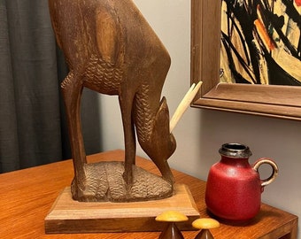 Vintage Mid-Century MCM Hand-Carved in Kenya African Wood Antelope Figurine Statue