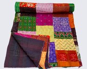 Kantha Silk Handmade Patola Kantha Bedspread Multi patchwork Silk Bedcover throw,Bed cover Bedspread Queen size,Twin size King size quilt