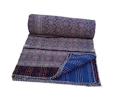 Reversible Handblock Kantha Quilt Blanket Handmade throw,Traditional Bed cover Bedspread Ajrak Queen size,Queen size,Kingsize quilt,Textile