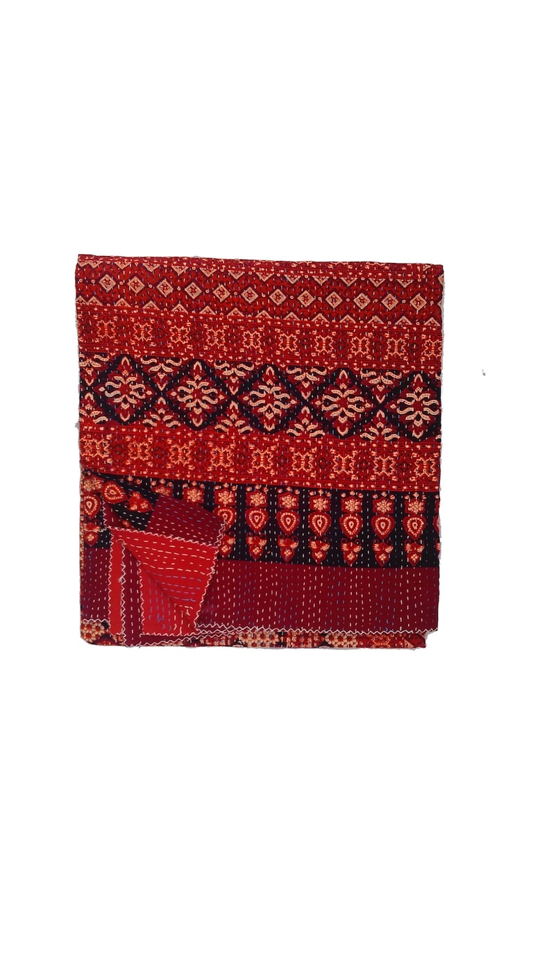 Handmade Kantha Quilt Ajrak Print Beautiful Red Bhoemain Wall Decor Indian Queen Size Bed Sheet