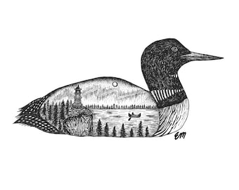 May include: Black and white line art illustration of a loon with a landscape scene inside its body. The scene includes a lake, trees, a lighthouse, and a canoe. The loon's head is turned to the right, and its beak is open.