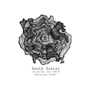 May include: Black and white line art illustration of South Sister mountain in Oregon. The illustration shows the mountain's contour lines and the text "South Sister 44.103' N, 121.769' W Elevation 10358'" is below the illustration.