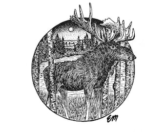May include: Black and white line art illustration of a moose standing in a forest with a full moon in the background.