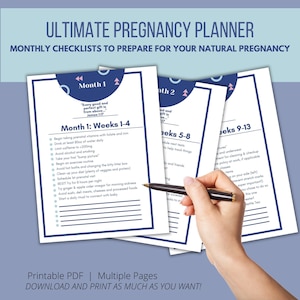 May include: A pregnancy planner with monthly checklists. The title reads "Ultimate Pregnancy Planner." The pages are white with blue accents and contain text. A hand holds a pen over the pages. The bottom of the image says "Printable PDF | Multiple Pages."