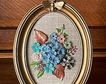 Sweet framed vintage jewelry collage floral bouquet mosaic wall art antique heirloom Spring flowers