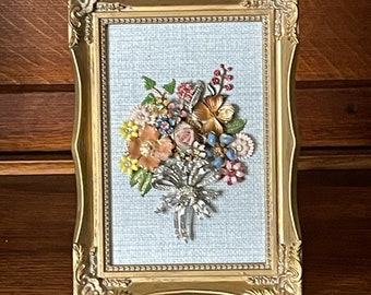 Elegant miniature framed vintage jewelry floral bouquet mosaic wall art antique heirloom Spring flowers