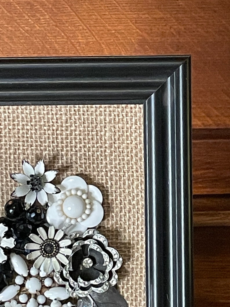 Charming black and white framed vintage jewelry collage floral bouquet mosaic wall art antique heirloom Spring flowers image 3