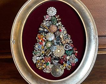 Beautiful Sparkling Framed Vintage Jewelry Collage Christmas Tree Handmade Antique Holiday Decor Wall Art Mosaic Collage Retro
