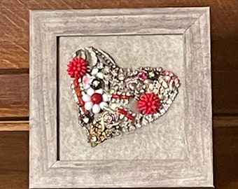 Framed Farmhouse Style Vintage Jewelry Valentine Heart Wall Art Retro Heirloom Antique Mosaic Sweetheart