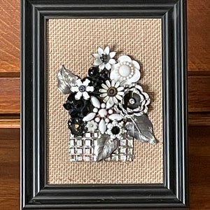 Charming black and white framed vintage jewelry collage floral bouquet mosaic wall art antique heirloom Spring flowers image 1