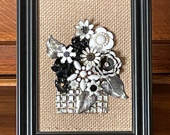 Charming black and white framed vintage jewelry collage floral bouquet mosaic wall art antique heirloom Spring flowers