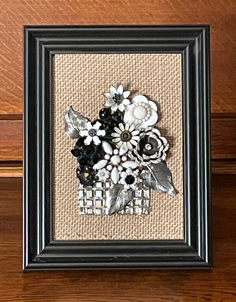 Charming black and white framed vintage jewelry collage floral bouquet mosaic wall art antique heirloom Spring flowers image 1