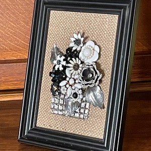 Charming black and white framed vintage jewelry collage floral bouquet mosaic wall art antique heirloom Spring flowers image 2