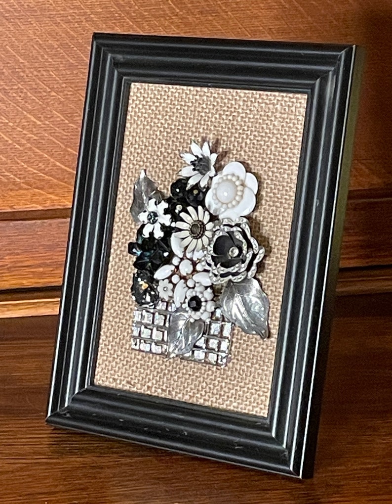 Charming black and white framed vintage jewelry collage floral bouquet mosaic wall art antique heirloom Spring flowers image 2