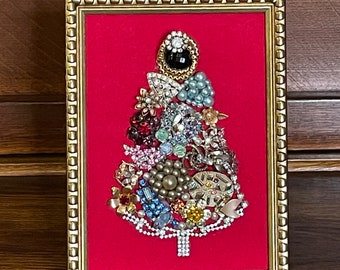 One-of-a-Kind Framed Vintage Jewelry Christmas Tree Wall Art Mosaic Collage Heirloom Antique Retro Holiday