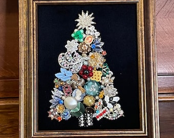 Lovely and Sparkling Framed Vintage Jewelry Christmas Tree Retro Antique Estate Heirloom Mosaic Wall Art Holiday