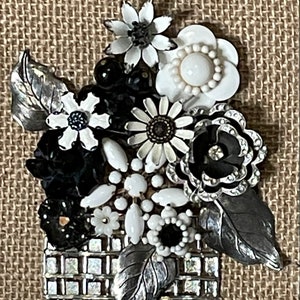 Charming black and white framed vintage jewelry collage floral bouquet mosaic wall art antique heirloom Spring flowers image 4