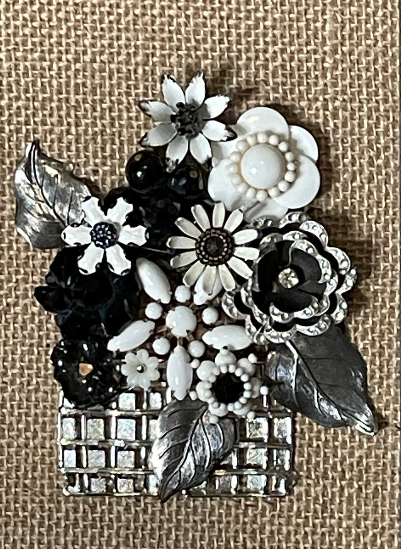 Charming black and white framed vintage jewelry collage floral bouquet mosaic wall art antique heirloom Spring flowers image 4