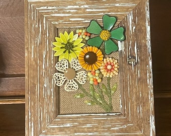Whimsical framed vintage jewelry collage floral bouquet mosaic wall art antique heirloom enamel flowers bouquet retro