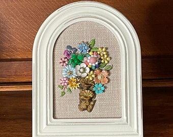 Charming framed vintage jewelry floral bouquet mosaic wall art antique heirloom Spring flowers