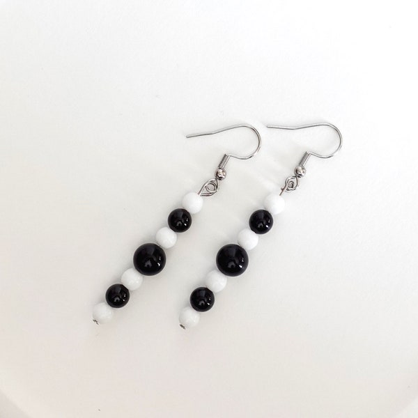 Black and White Pierced Earrings, Silver Tone, Beaded, Dangle, Drop, Glass, Fashion Jewelry, Classic, Party, Gift for Her