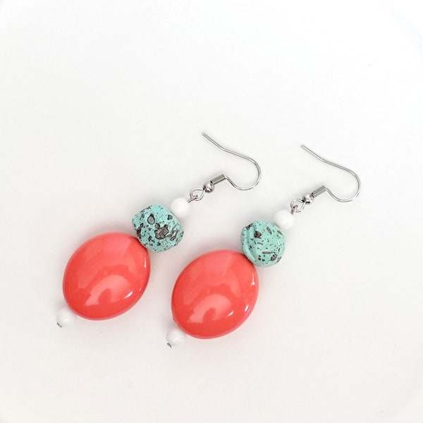 Statement Earrings, Silver Tone, Plastic Beads, Coral, Teal, Speckled, Drop, Dangle, Fashion Jewelry, Tropical, Vacation,