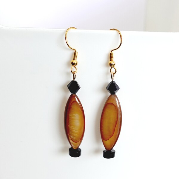 MOP Earrings, Gold Tone, Dyed Shell, Mother of Pearl, Brown Black, Drop, Dangle, Elegant, Night on the Town, Holiday, Fashion Jewelry