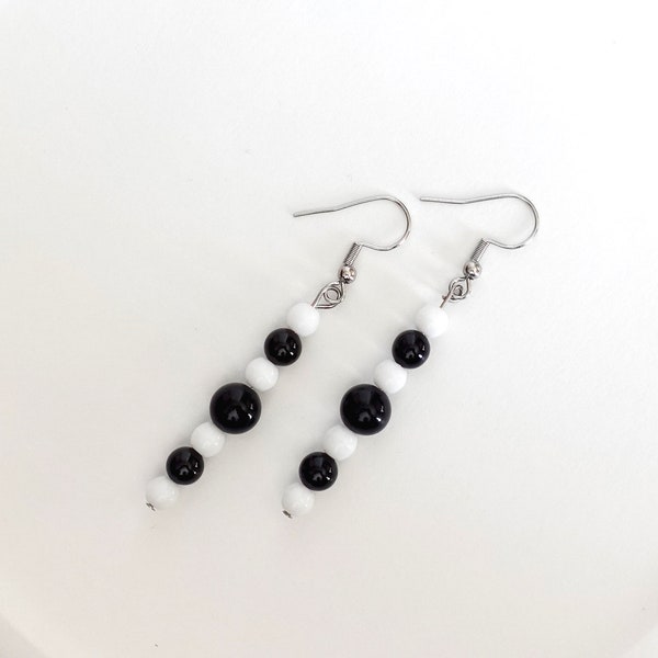 Black White Earrings, Silver Tone, Beaded, Dangle, Drop, Glass, Special Occasion, Party, Wedding, Fashion Jewelry, Gift For Her