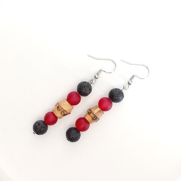 Hot Lava Earrings, Silver Tone, Bamboo, Lava Rock, Frosted Glass, Red, Black, Tan, Tropical, Hawaii, Tiki, Vacation, Gift For Her