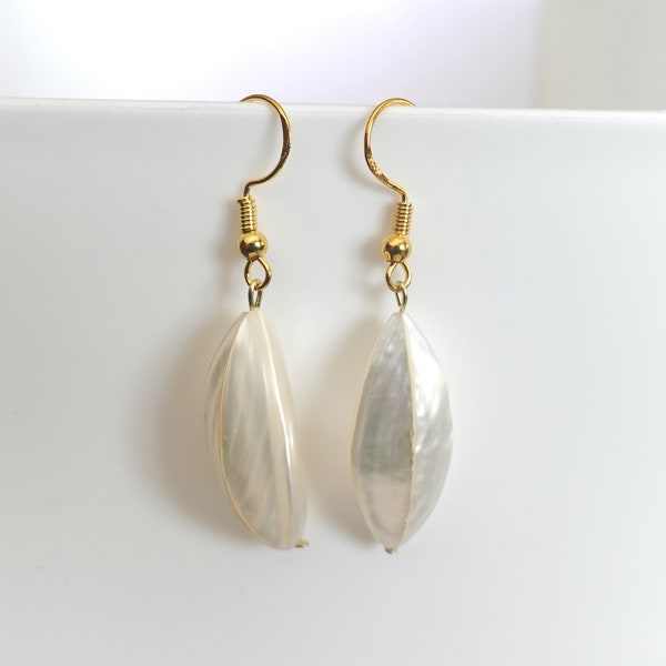 MOP Earrings, Gold Tone, Mother of Pearl, Shell, Iridescent, Tropical, Ocean, Nautical, Vacation, Wedding, Beach, Elegant