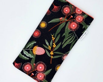 Australian design glasses case, padded case, sunglasses case.  Native plants. Wattle banksia gumnuts