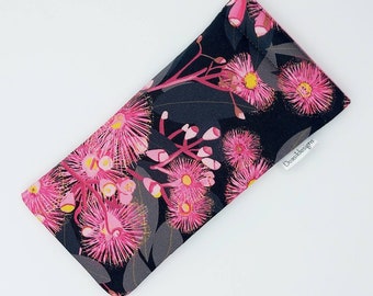 Australian design glasses case, padded case, sunglasses case.  Native plants. Pink gumnuts