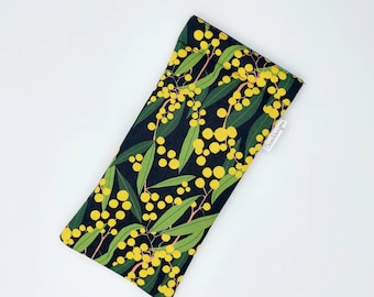 Australian design glasses case, padded case, sunglasses case.  Native plants. Wattle