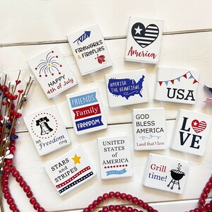 4th of July mini wood signs; Patriotic mini signs; 4th of July tiered tray decor; Patriotic tiered tray decor; Independence Day
