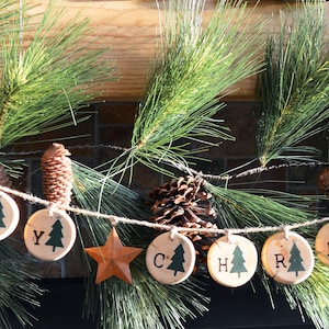 Merry Christmas garland, Reclaimed wood Christmas garland, Handmade natural wood garland, Farmhouse Christmas decor, Cabin decor