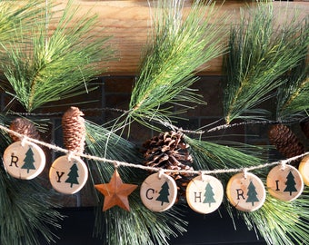 Merry Christmas garland, Reclaimed wood Christmas garland, Handmade natural wood garland, Farmhouse Christmas decor, Cabin decor