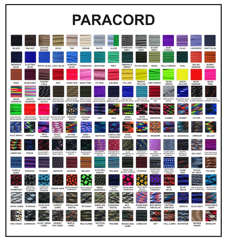 May include: A comprehensive color chart titled PARACORD displaying a grid of numerous cord samples in solid colors, reflective patterns, camouflage prints, and multi-colored designs, each labeled with its specific descriptive name below the swatch.