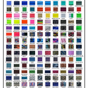 Puede incluir: Un gr&aacute;fico con 100 colores diferentes de paracord, cada uno con un nombre &uacute;nico. El paracord est&aacute; dispuesto en una cuadr&iacute;cula, con cada color teniendo un nombre correspondiente.