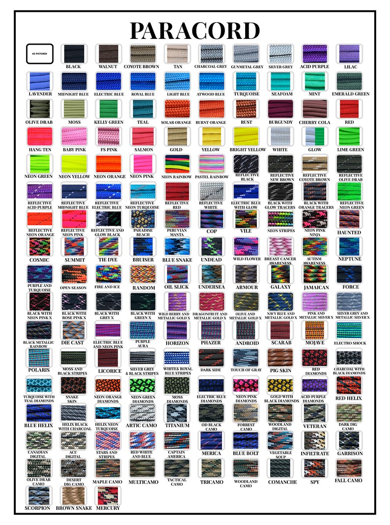 Puede incluir: Un gr&aacute;fico con 100 colores diferentes de paracord, cada uno con un nombre &uacute;nico. El paracord est&aacute; dispuesto en una cuadr&iacute;cula, con cada color teniendo un nombre correspondiente.